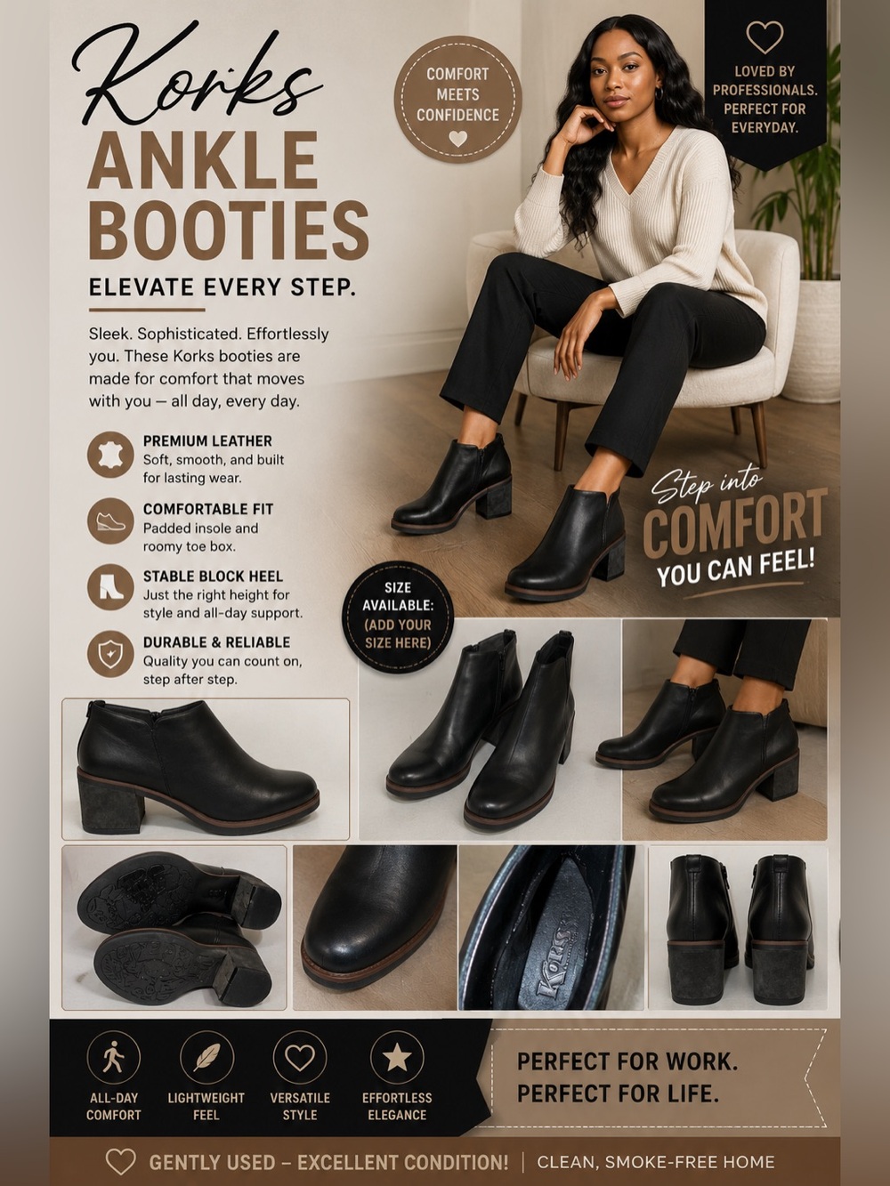 Kork-Ease Black Leather Ankle Booties - Sleek Workwear Style size 8.5